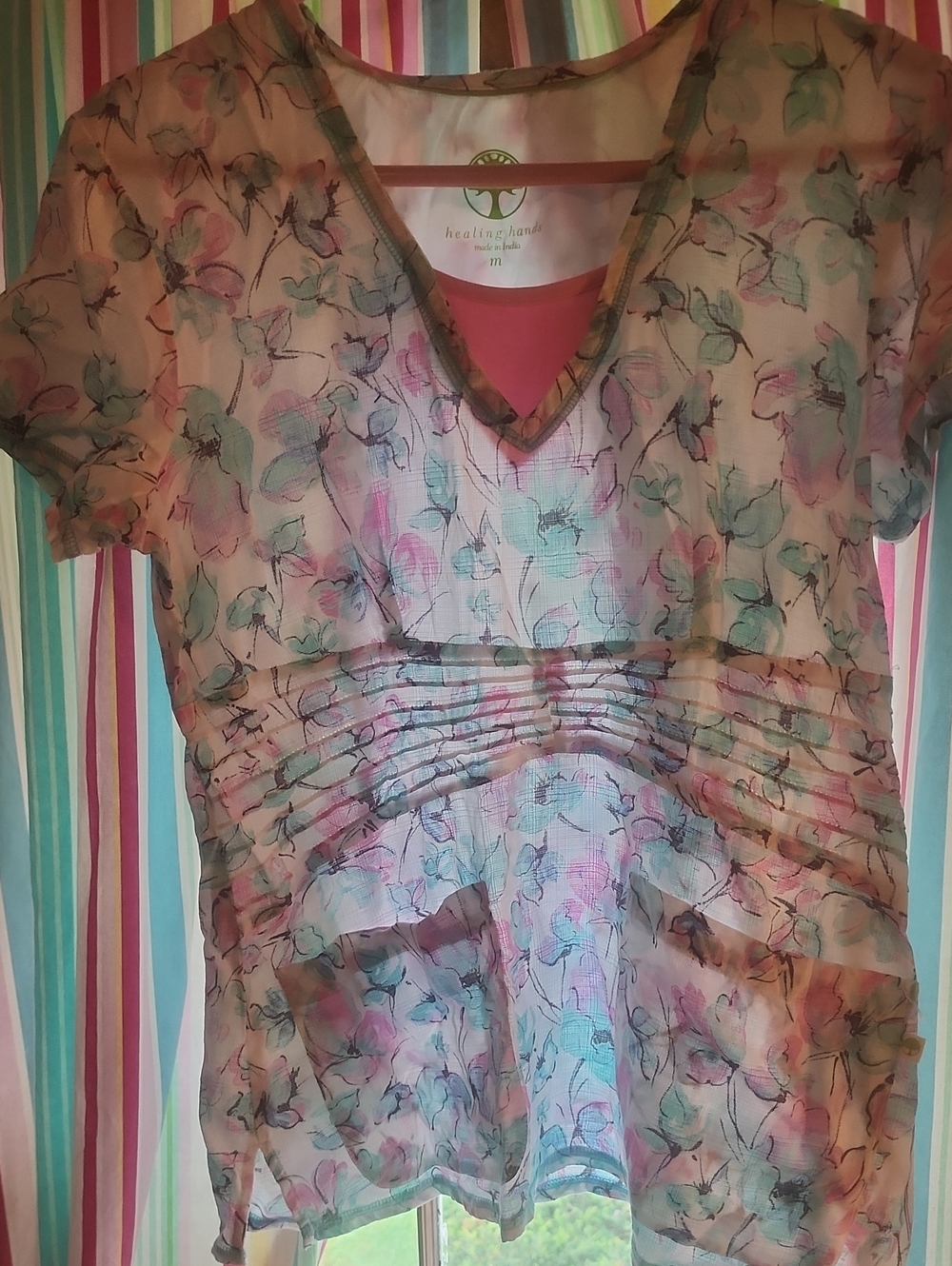 healing hands Scrub Top With Pink and Mint Floral V-Neck